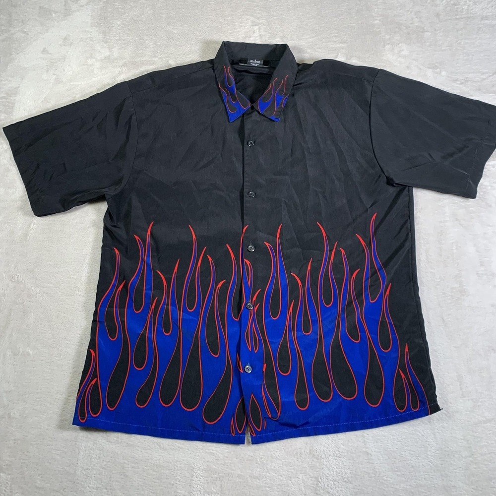VTG No Boundaries‎ Shirt Mens XL Black Blue Flame Button Up Short Sleeve Bowling